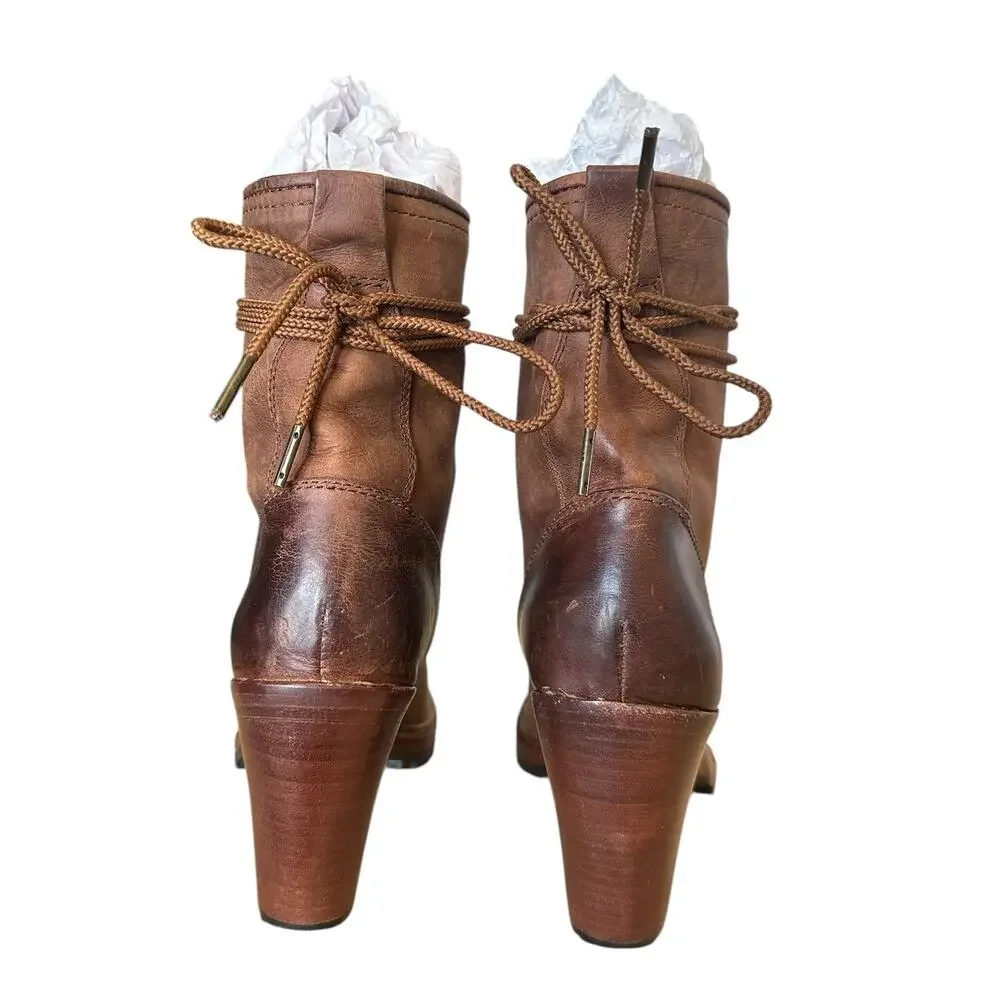 Frye Lucy Brown Leather Lace Up Ankle Boot 9